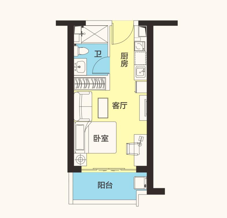 恒大海花岛1房1厅1卫1阳台 (建筑面积：42.00㎡)